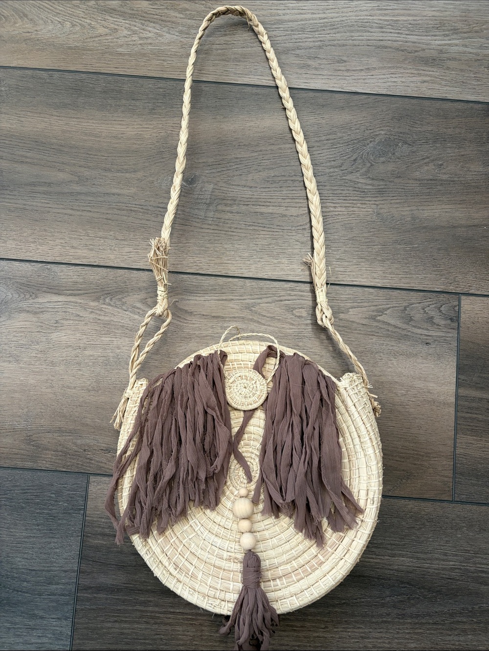Woven Round Straw Crossbody Bag with Taupe Fringe